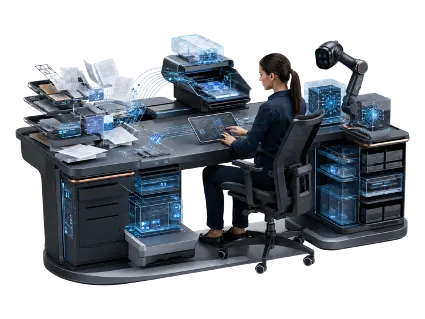Arbeitsplatz mit digital vernetzten, in Echtzeit verfügbaren Unternehmensdaten