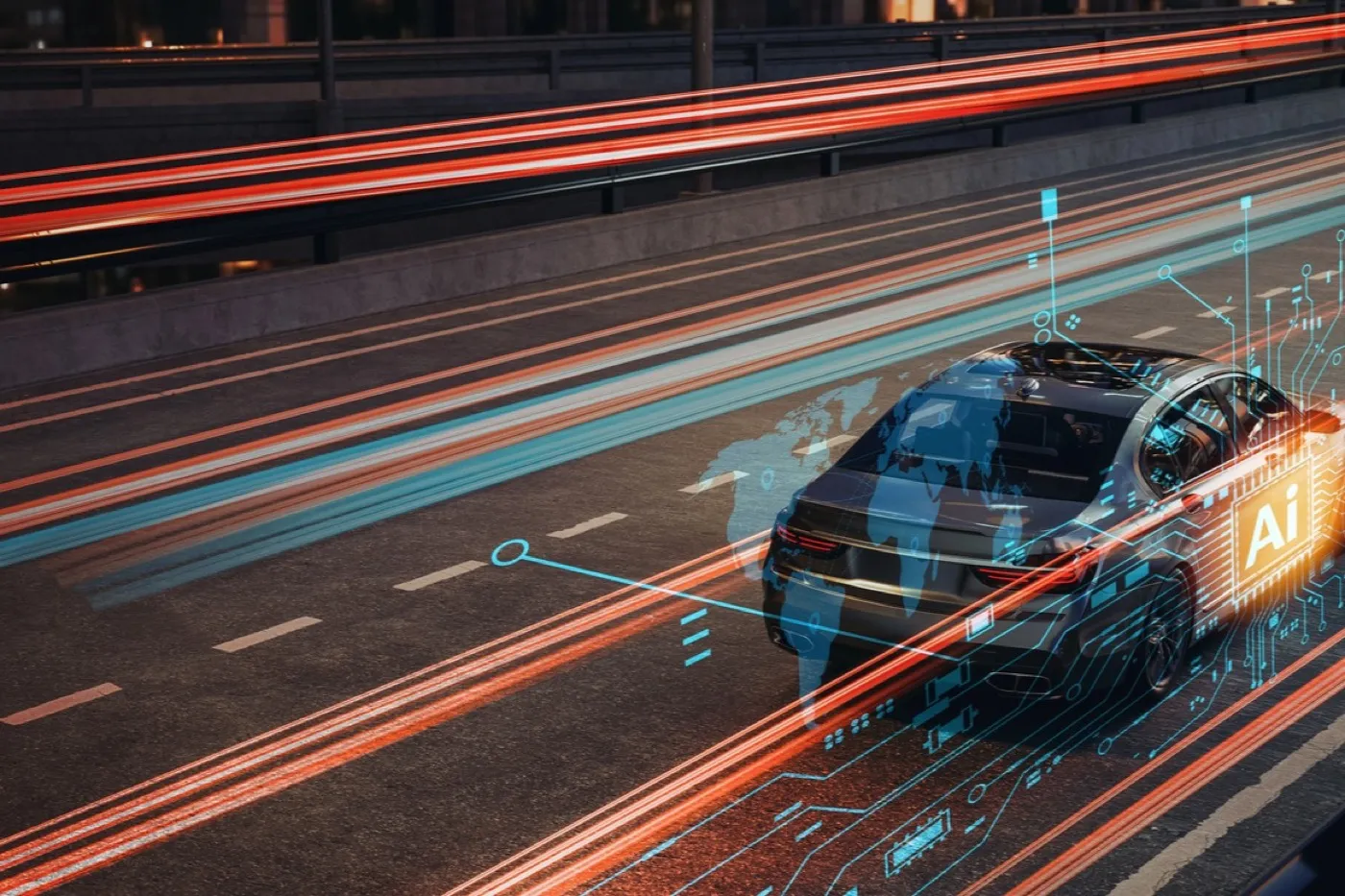 Fahrzeug auf nächtlicher Autobahn mit roten Lichtspuren und blauem KI-Datenlayer