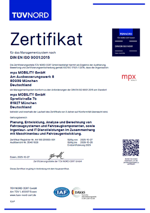 ISO 9001:2015 Zertifikat der mpx MOBILITY, ausgestellt durch TÜV NORD CERT