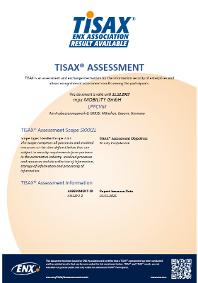 TISAX Assessment-Nachweis der mpx MOBILITY, ausgestellt über die ENX Association